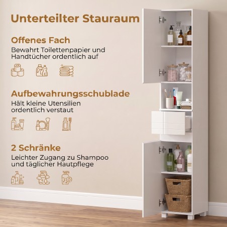 Vannitoakapp – kitsas reguleeritavate riiulitega vannitoakapp, 30 x 30 x 170 cm, valge