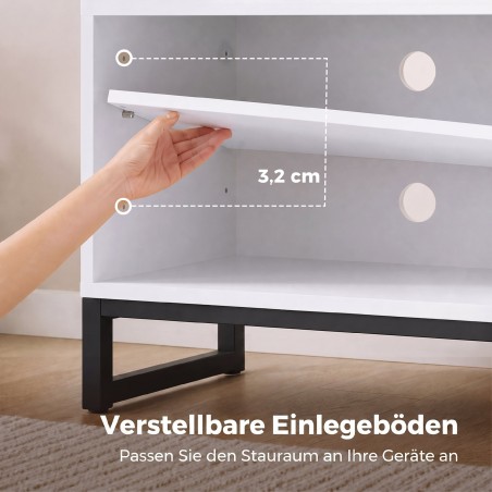 TV-alus kuni 55-tollistele teleritele, moodne madal TV-kapp reguleeritavate riiulitega, valge