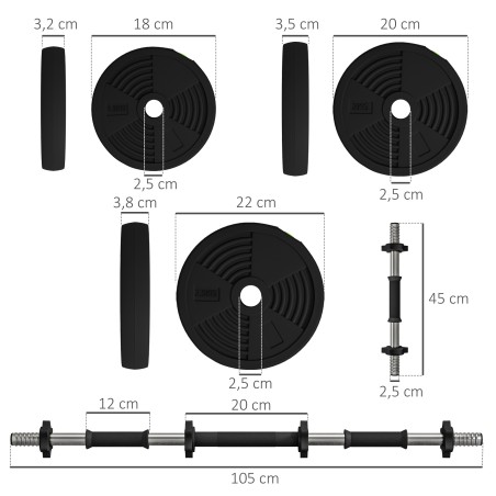 2-ühes kangi- ja hantlikomplekt, 25 kg, must ja roheline