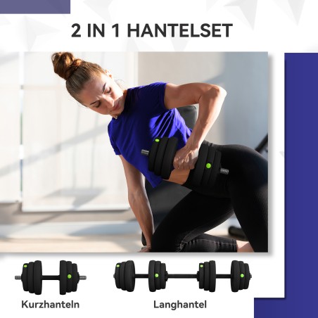 2-ühes kangi- ja hantlikomplekt, 25 kg, must ja roheline