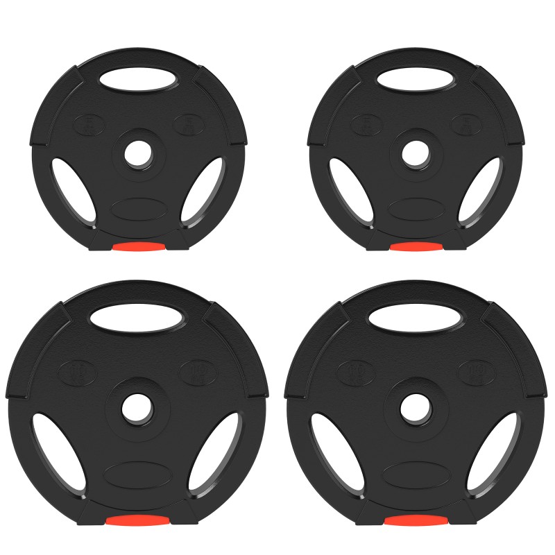 Neljast raskusplaadist komplekt: 2 × 10 kg ja 2 × 5 kg, must