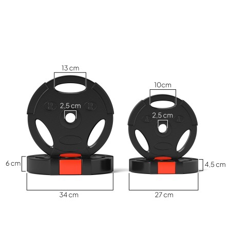 Neljast raskusplaadist komplekt: 2 × 10 kg ja 2 × 5 kg, must