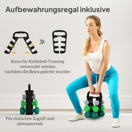 Hantlikomplekt hoiuraamiga, 6 hantlit: 2 × 1 kg, 2 × 2 kg ja 2 × 3 kg