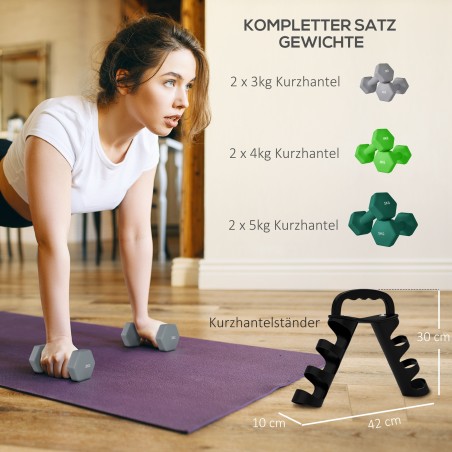 Hantlikomplekt hoiuraamiga, 6 hantlit: 2 × 3 kg, 2 × 4 kg ja 2 × 5 kg