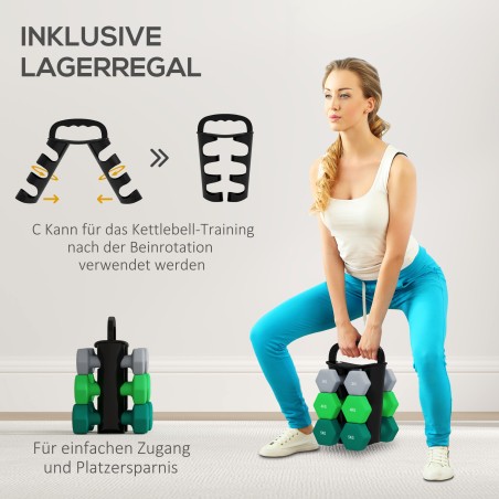 Hantlikomplekt hoiuraamiga, 6 hantlit: 2 × 3 kg, 2 × 4 kg ja 2 × 5 kg