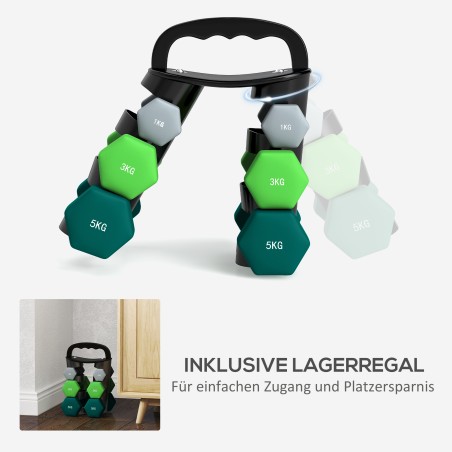 Hantlikomplekt hoiuraamiga, 6 hantlit: 2 × 1 kg, 2 × 3 kg ja 2 × 5 kg