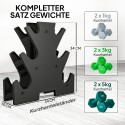 Hantlikomplekt hoiuraamiga, 6 hantlit: 2 × 1 kg, 2 × 3 kg ja 2 × 5 kg