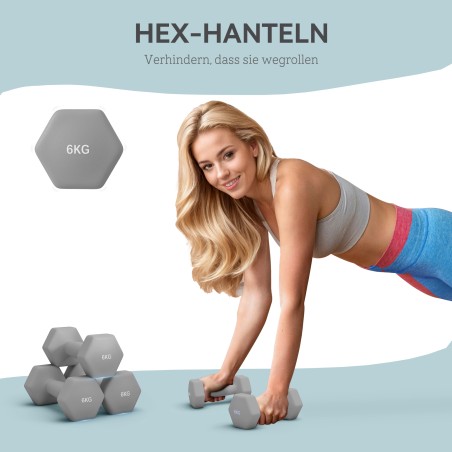2 × 6 kg kuusnurksete libisemiskindlate hantlite komplekt, hall