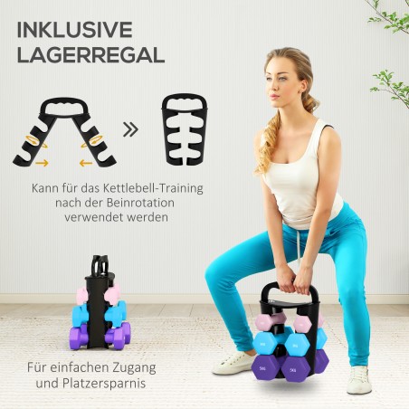 Hantlikomplekt hoiuraamiga, 6 hantlit: 2 × 1 kg, 2 × 3 kg ja 2 × 5 kg
