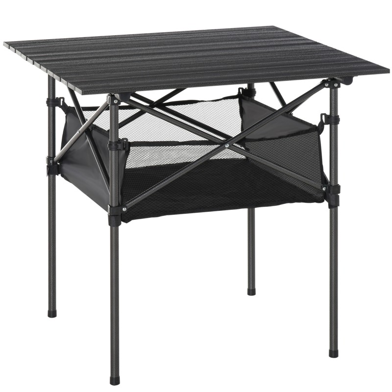 Kokkupandav alumiiniumist matkalaud võrkkotiga, must, 70 × 70 × 69 cm