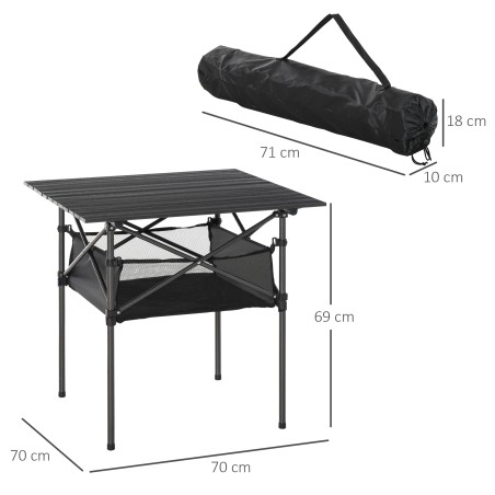 Kokkupandav alumiiniumist matkalaud võrkkotiga, must, 70 × 70 × 69 cm