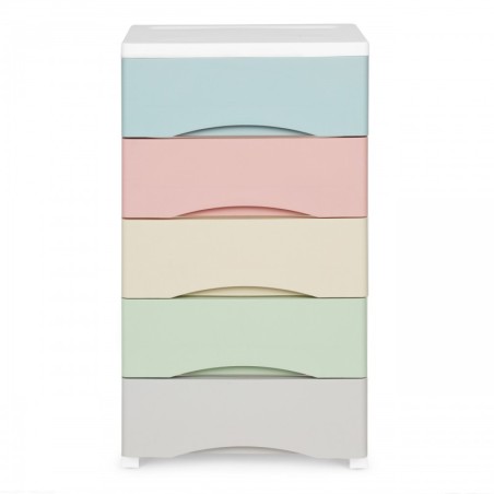 5 väljatõmmatava sahtliga riiul, jalad ratastega, värvilised sahtlid