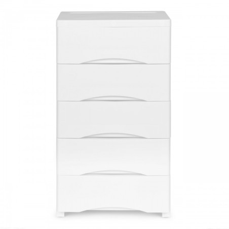 Riiul 5 väljatõmmatava sahtliga, ratastega jalad - valge