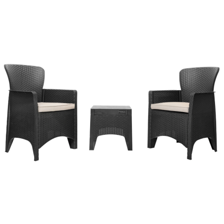 Aiamööbli komplekt terrassile või rõdule – 2 tugitooli + Must laud