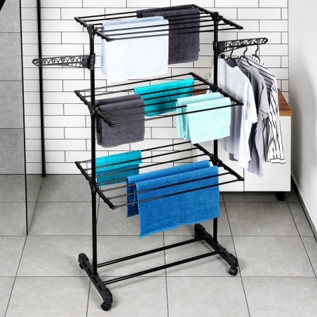 Must metallist vertikaalne pesukuivatusrest ratastel 74x85x165 cm