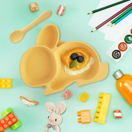 Silikoon taldrik lastele, jagatud, kollane jänku, 23x18,5x3,5 cm