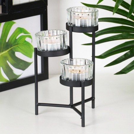 Must metallist klaasist vaheseintega küünlajalg 3 küünla jaoks 11x11x18,5 cm