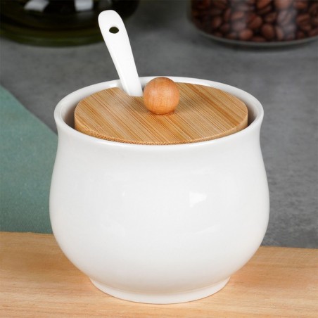 Keraamiline suhkrutoos lusikaga valge