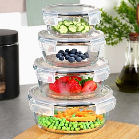 Ümmargused klaasist toidunõud kaane ja tihendiga, 4 tk.