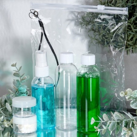 Pudelid reisikonteinerid kosmeetika jaoks lennukile koos kosmeetikakotiga 5 tk.