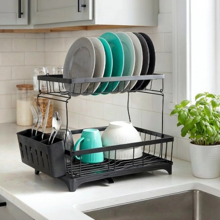Metallist nõudekuivatusrest, must, 2-tasandiline, 49,5x30x34 cm