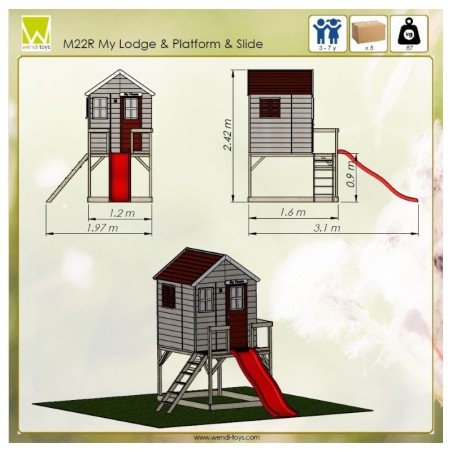 Mängumaja mänguväljak M22R punane (moodul mängumaja+platvorm+liumägi)