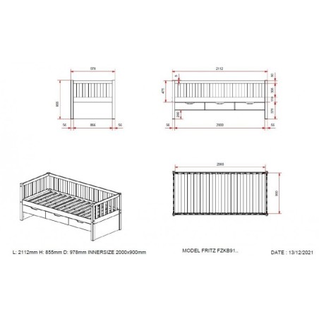 Voodi Fritz 90x200 cm 3 sahtliga, valge | FreshDesign.ee