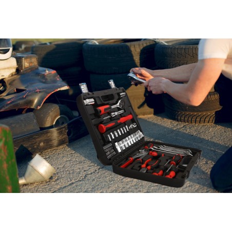 Universaalne 58-osaline tööriistakomplekt kandekohvris – mutrivõtmed, kruvikeerajad, padrunvõtmed