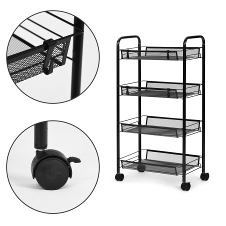 Must ratastega metallist hoiuriiul 4 korviga – universaalne organiseerija kööki ja vannituppa
