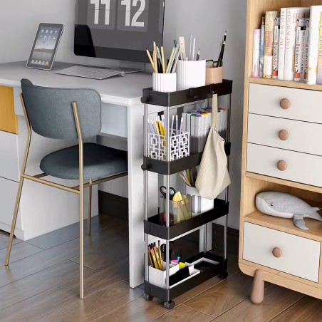 Plastikust vannitoariiul 4 riiuli ja ratastega, must