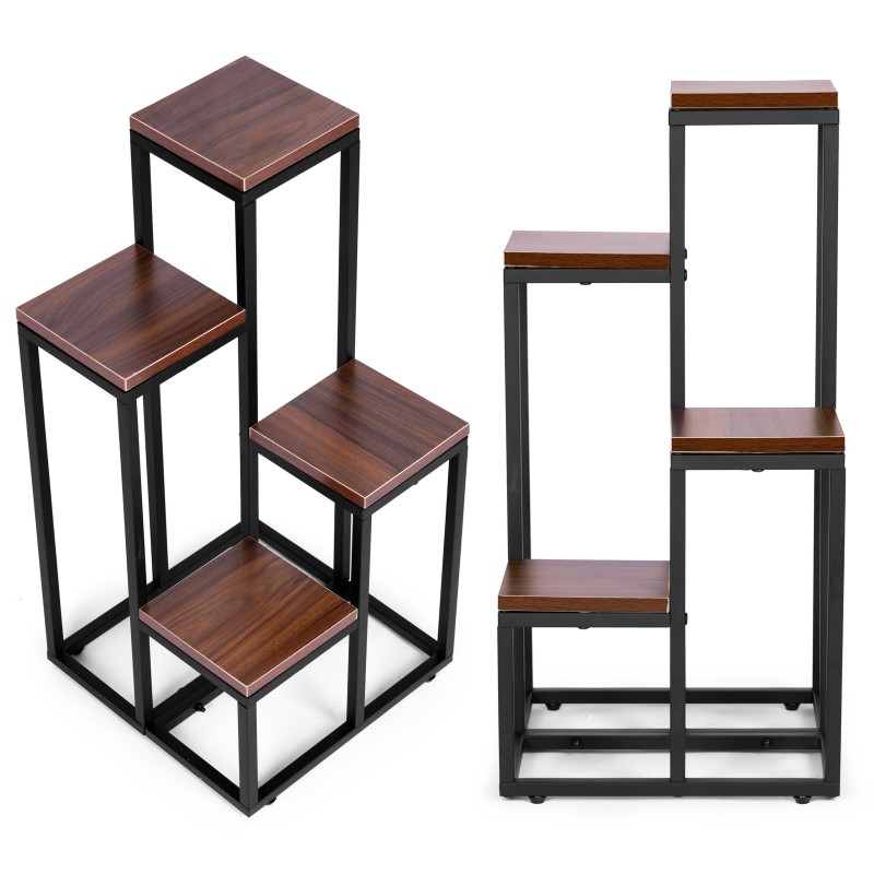 Neljatasandiline metallist ja MDF-ist lillepostament taimealus – tume pähkel riiul