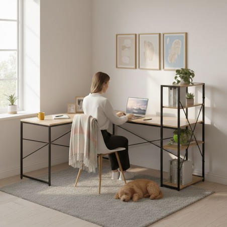 Nurgalaud riiuliga, 4 riiulit, arvutilaud, hele tamm, loft stiilis