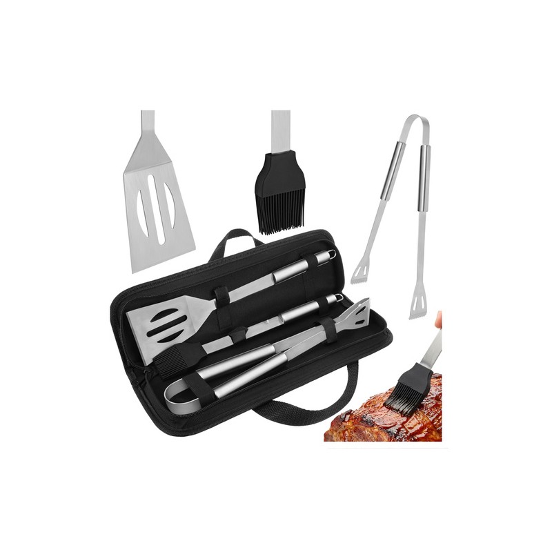 3-osaline roostevabast terasest grillitööriistade komplekt vastupidavas hoiukotis