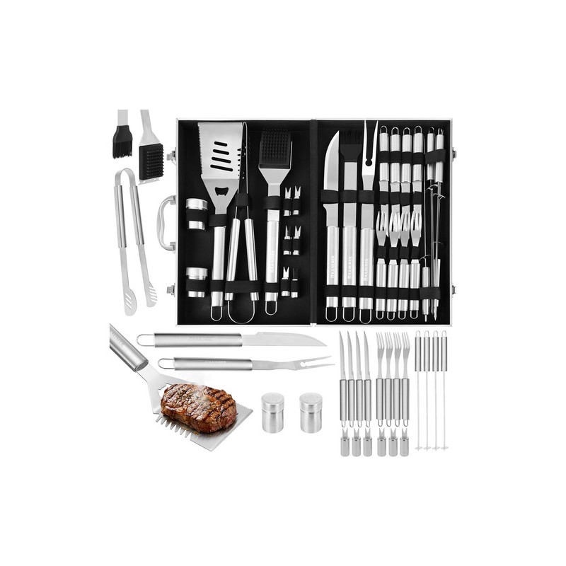 26-osaline roostevabast terasest grillitarvikute komplekt vastupidavas XXL hoiukohvris