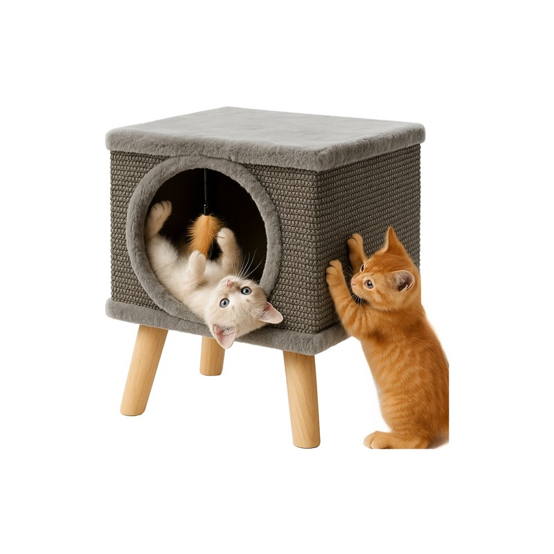 Kassimaja Voodi ja Sisalist Kraapimispostiga, Täispuidust Jalgadega