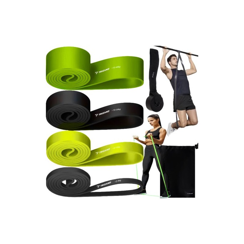 Mitmekülgne treeningrihmade komplekt ukseankruga – 4 erineva koormusega kummipaela
