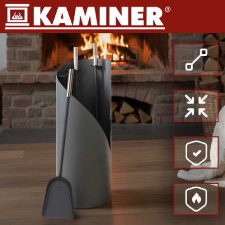 Elegantne 4-osaline kaminatarvikute komplekt terasest hoiualusega
