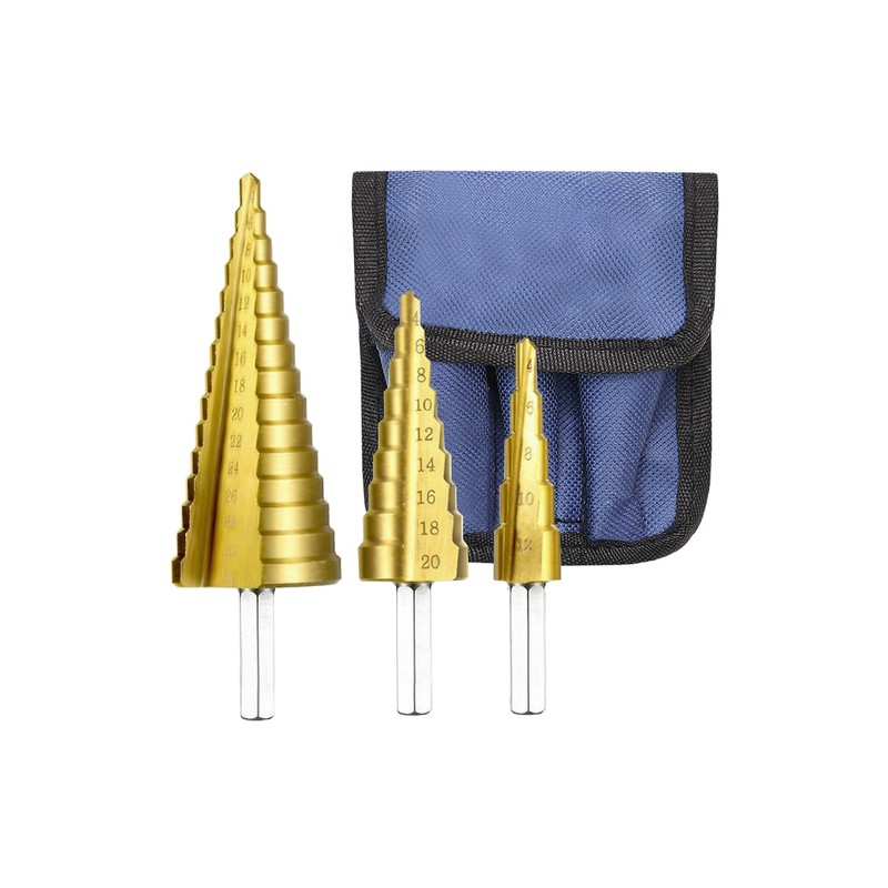 Titaankattega astmeliste koonuspuuride komplekt metallile ja lehtmaterjalile, 3 tk