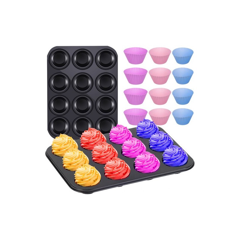 Mittenakkuva kattega küpsetusplaat ja 12 silikoonvormi muffinidele