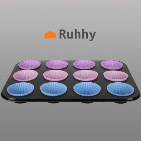 Mittenakkuva kattega küpsetusplaat ja 12 silikoonvormi muffinidele