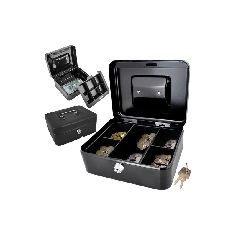 Must metallist rahakast varjatud lahtri ja võtmega, kaasaskantav