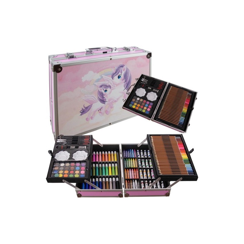 Ükssarviku teemaline 144-osaline kunsti- ja joonistuskomplekt hoiukohvris