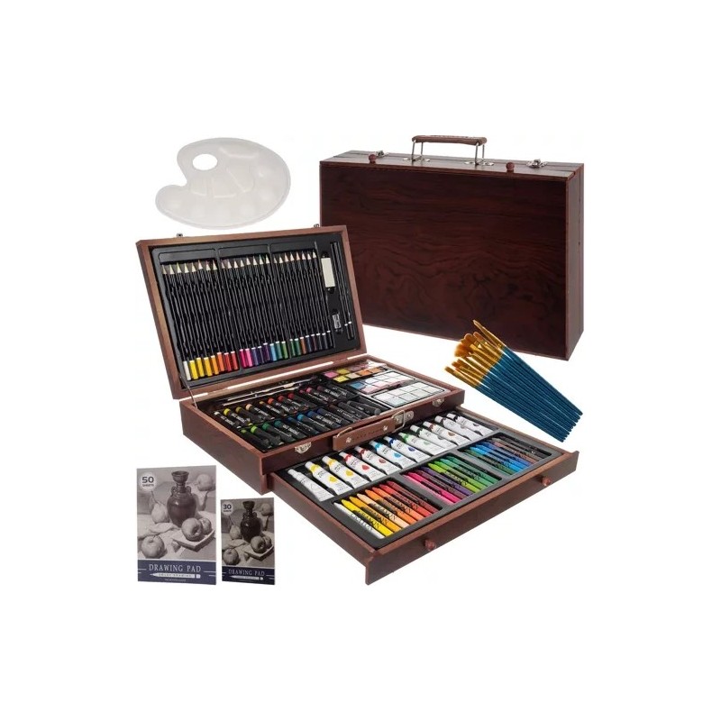 Kvaliteetne Kunstikomplekt Lastele Puidust Kohvris – 129 Osa Maalimiseks ja Joonistamiseks