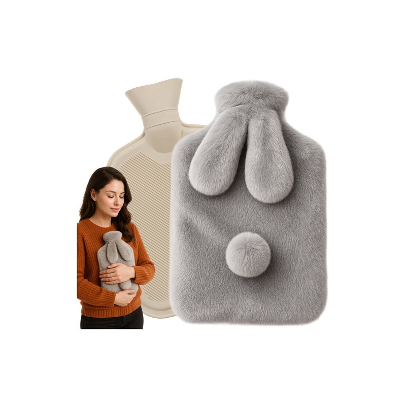 Kummist Kuumaveepudel 1.8L Plüüsist Jänku Kattega – Mugav Soojendaja Valu Leevendamiseks