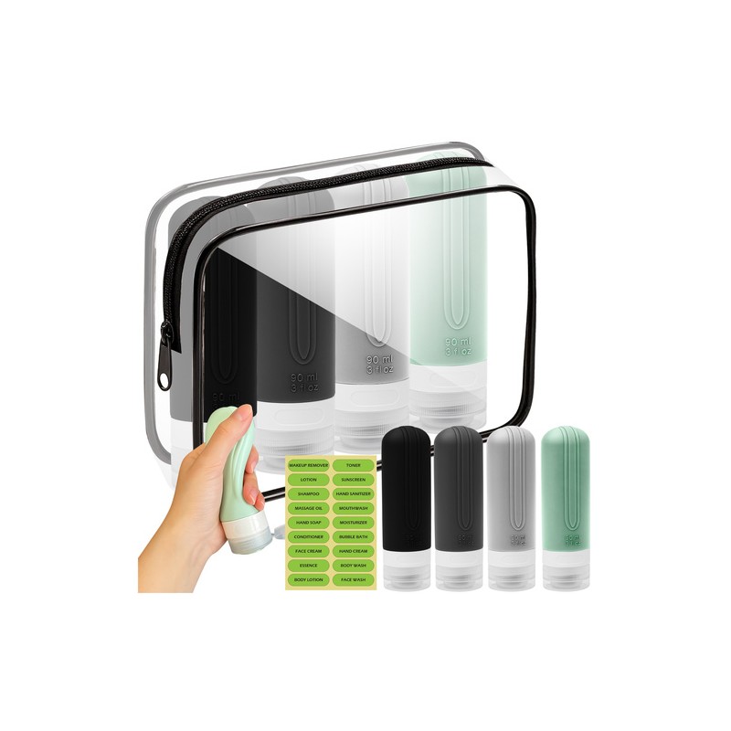 Reisikosmeetika komplekt lennureisidele – läbipaistev kott ja korduvtäidetavad silikoonpudelid
