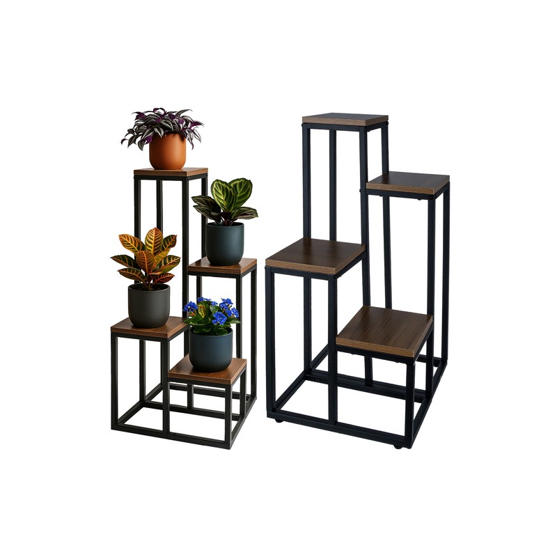 Loft-stiilis 4-korruseline lillealus | Metallist taimeriiul puidumustriga | Mitmetasandiline taimehoidja