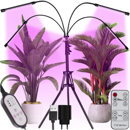 4-paneeliline LED taimekasvuvalgusti statiivil, ajastuse ja intensiivsuse reguleerimisega
