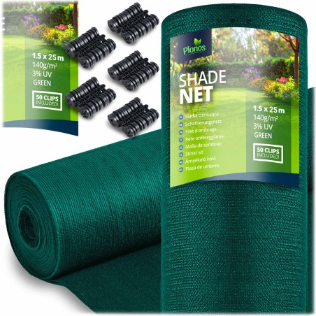 Varjuvõrk aeda koos klambritega, roheline, 1,5x25 m, 140 g/m²