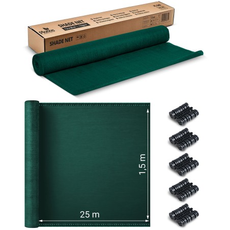 Varjuvõrk aeda koos klambritega, roheline, 1,5x25 m, 140 g/m²