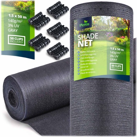 Varjuvõrk aiale, HDPE, 140 g/m², hall, 1,5 x 50 m, komplektis 50 klambriga